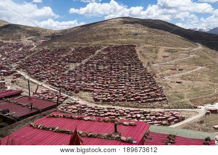 Red village and monastery at Larung gar (Buddhist Academy) in Sichuan China