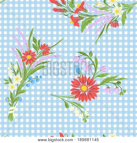 Seamless pattern with vintage embroidered flowers in vintage style on blue and white stripes background.Stock line vector illustration.