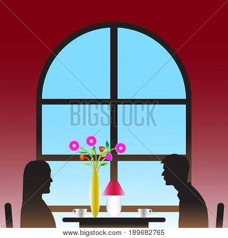 Vector illustrations lovers are drinking coffee with flower vases near the window with love and joy small in a romantic atmosphere blue color background vector illustration