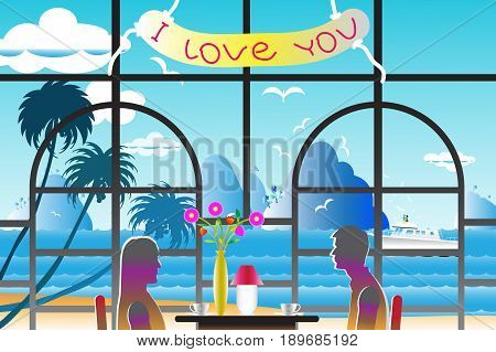 Vector illustration seascape background with the lovers near windows and water wave between archipelago Blue color with yacht and the bird flying in sky cloud background at summer time.