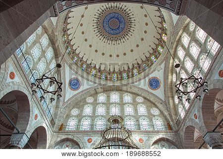 ISTANBUL TURKEY - APRIL 30 2017: Detail of interior of Mihrimah Sultan Mosque in the area Edirnekapi Istanbul's historic centre