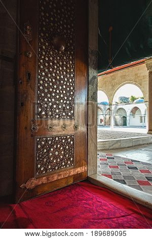 ISTANBUL TURKEY - APRIL 30 2017: Door of Mihrimah Sultan Mosque inlaid with mother of pearl in the area Edirnekapi Istanbul's historic centre