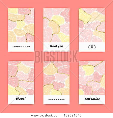 Set of unusual creative cards with marble texture and golden glitter on pink background. Can be used for invitations, cards, posters, flayers, brochures, etc.