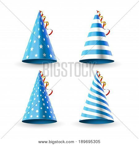 Party hat set isolated on a white. Birthday hat set. Vector fun decoration. Colorful surprise costume.