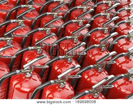 Fire extinguishers. Total potection and security background. 3d illustration
