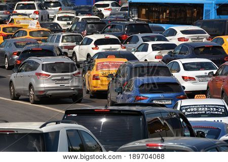 Russia, Moscow, Mary 23, 2017. Traffic jam on street
