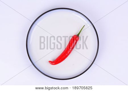 Single red chilli on a white ceramic plate with blue outer ring line.  White background.