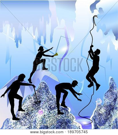 Ice cave with silhouettes of peoples, stalactites and ice rocks of crystals. Polygonal underground space with cave explorers. Four speleologists with rope, metal detector and torch