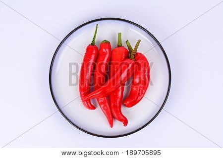 Large fresh red chilies on a white ceramic plate with blue outer ring lines.  White background.