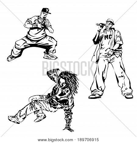 Raper dancer and MC on white background. Extreme theme modern print. Vector design elements. Isolated on white