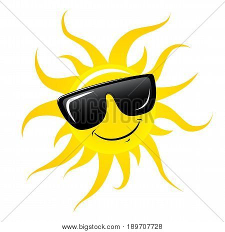 Character Sun in sunglasses and happy smile. Sun and glasses isolated on white. Vector stock.