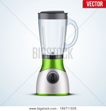 Kitchen blender with glass container in bio colors. Electronic Kitchen appliance. Original design. Concept of Health food and drink. Vector Illustration isolated on background.