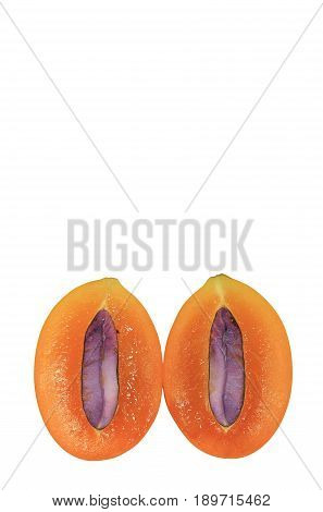 Bright orange color fresh ripe Marian Plum fruit cut in half with purple seed on white background, with free space for design and text
