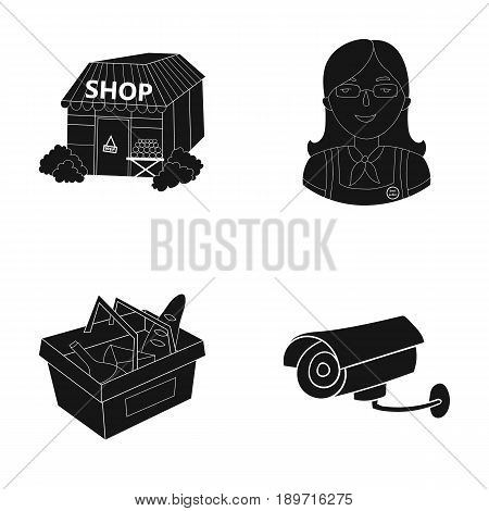 Salesman, woman, basket, plastic .Supermarket set collection icons in black style vector symbol stock illustration .