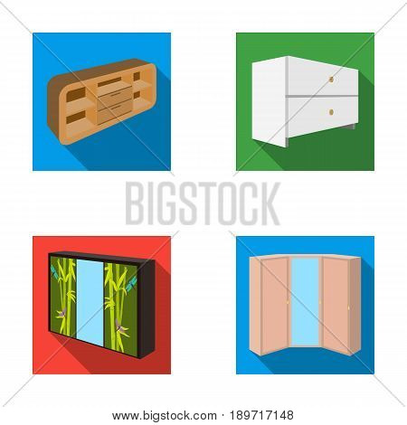 Chest of drawers, wardrobe with mirror, corner cabinet, white chest. Bedroom furniture set collection icons in flat style vector symbol stock illustration .