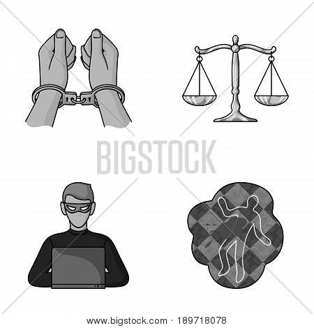 Handcuffs, scales of justice, hacker, crime scene.Crime set collection icons in monochromet style vector symbol stock illustration .