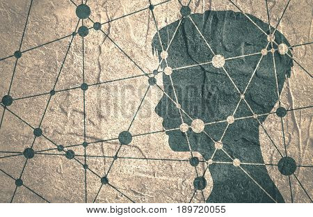 Silhouette of a woman's head. Mental health relative brochure design template. Scientific medical designs. Molecule And Communication Background. Connected lines with dots. Concrete grunge texture