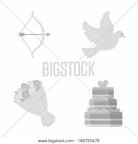 Arrow cupid, dove, bouquet of flowers, wedding cake. Wedding set collection icons in monochrome style vector symbol stock illustration .