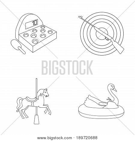 A game with a bat, a target with a gun, a horse on a carousel, a swan attraction. Amusement park set collection icons in outline style vector symbol stock illustration .