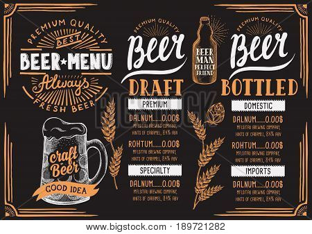 Beer menu for restaurant and cafe. Design template with hand-drawn graphic elements in doodle style.