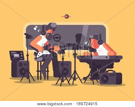 Sound recording studio with audio equipment. Music group records song. Vector illustration