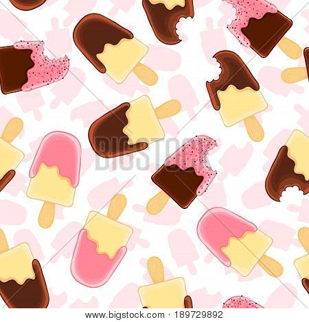 Seamless pattern with whole and bitten vanilla popsicle. Chocolate and raspberry icing. Summer texture for textile, fabric, wallpaper.