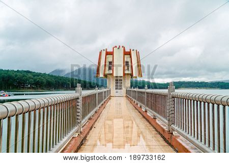 Lighthouse in the middle of Tuyen Lam Lake, Da Lat, Lam Dong province, VIetnam