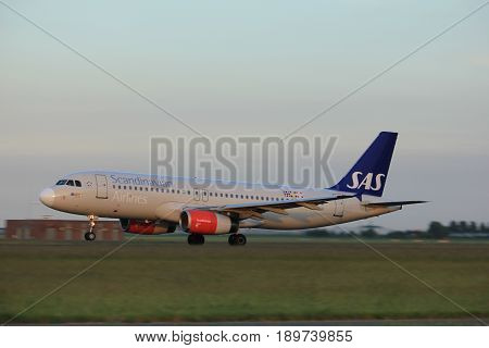Amsterdam the Netherlands - June 1st 2017: OY-KAU SAS Scandinavian Airlines Airbus A320 taking off from Polderbaan Runway Amsterdam Airport Schiphol