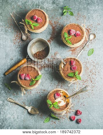 Homemade Italian dessert Tiramisu served in individual glasses with fresh mint leaves, raspberries and cocoa powder in sieve over grey concrete background, top view, vertical composition