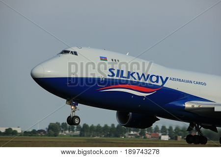 Amsterdam the Netherlands - June 2nd 2017: VQ-BWY Silk Way West Airlines Boeing 747 taking off from Polderbaan Runway Amsterdam Airport Schiphol