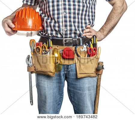 detail of handyman with toolsbelt and tools isolated on white background