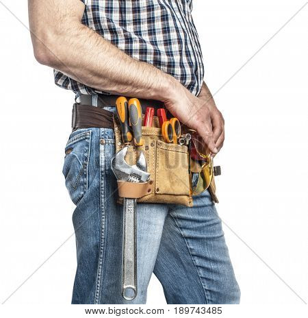 detail of handyman with toolsbelt and tools isolated on white background