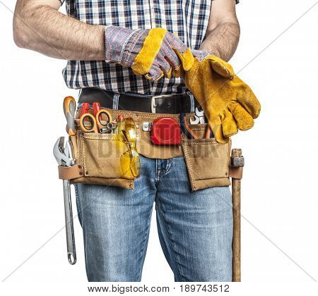 detail of handyman with toolsbelt and tools isolated on white background