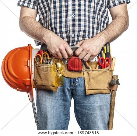 detail of handyman with toolsbelt and tools isolated on white background