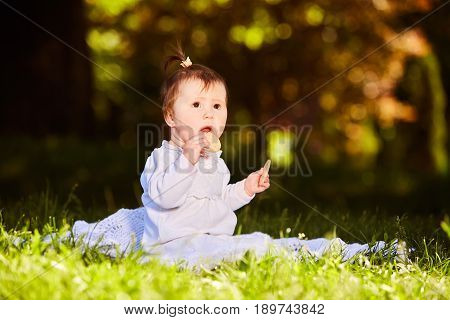 Portrait of happy joyful child sitting on the meadow and holds snack in the park. Cute baby girl in the white dress. Warm sunshiny day. Summer or spring season. Horizontal photo. Concept of the happy babies.