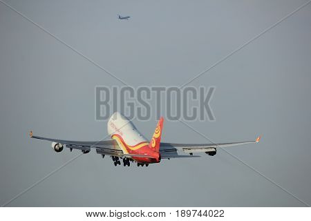 Amsterdam the Netherlands - June 2nd 2017: B-2432 Yangtze River Express Boeing 747 taking off from Polderbaan Runway Amsterdam Airport Schiphol