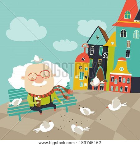 Old man feeding pigeons. Vector flat illustration