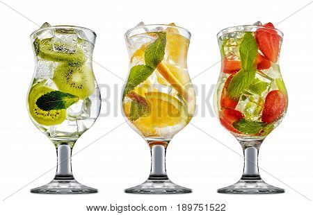 fresh fruit alcohol cocktail or mocktail in classic classic glass with ice, strawberry, kiwi, orange and mint isolated on white background