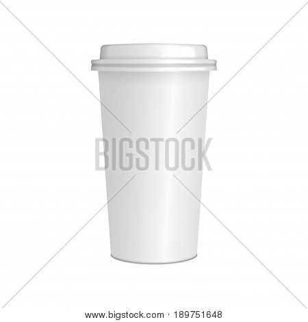 Realistic paper Coffee Cup with white cap. 3d mock up vector template for your design