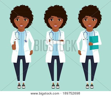 Set. Doctor of African descent in a white coat. In flat style. Cartoon. Health and medicine.