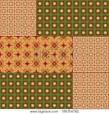 Vector pattern tile in patch work design. Muted nostalgic colors repeatable background in vintage style