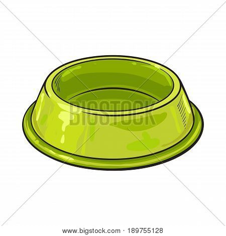 Empty green shiny plastic bowl for pet, cat, dog food, sketch vector illustration isolated on white background. Hand drawn empty bowl, plate for pet, dog, cat food