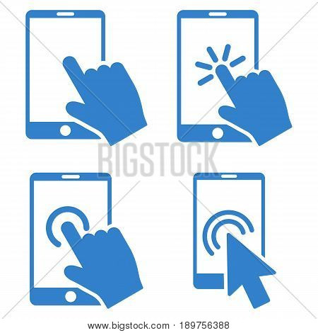 Mobile Phone And Hand Pointer vector icon clip art. Collection style is cobalt flat symbols on a white background.