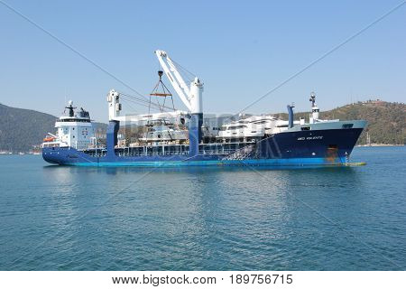 1ST JUNE 2017, FETHIYE, TURKEY : Deo Volente, a boat transporter ship in the bay of fethiye, turkey, 1st june 2017