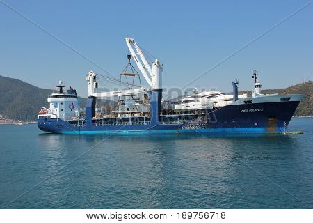 1ST JUNE 2017, FETHIYE, TURKEY : Deo Volente, a boat transporter ship in the bay of fethiye, turkey, 1st june 2017
