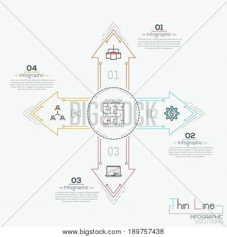 Creative infographic design layout with 4 arrows pointing away from central element and numbered text boxes. Four problem solutions concept. Vector illustration in thin line style for presentation.