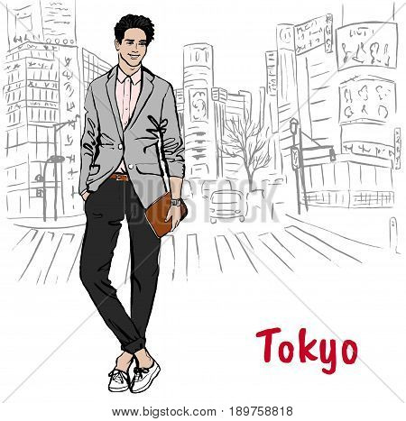 Sketch of man with tablet on street in Shibuya, Tokyo, Japan