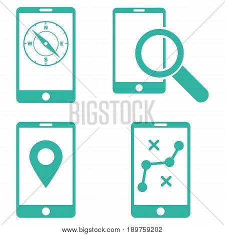 Mobile Location Tools vector icon collection. Collection style is cyan flat symbols on a white background.