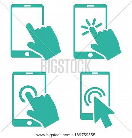 Mobile Phone And Hand Pointer vector icon set. Collection style is cyan flat symbols on a white background.