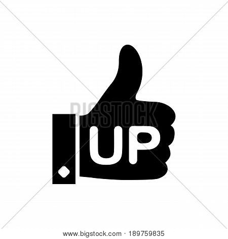 Up black icon isolated on white background. Vector illustration flat design. Thumb up pictogram. Like icon silhouette. Gesture hand ok.